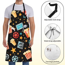 ainori Movie Night Apron for Women with Popcorn,28x33in,Cinema Reel Ticket Kitchen Aprons with 2 Pockets,Oxford Fabric,Film Adjustable Black Apron for Cooking Baking Gardening Chef,Gifts