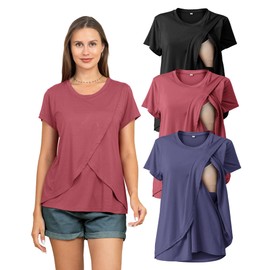 Rnxrbb 3 Pack Women's Nursing Tops for Breastfeeding Summer Short Sleeve T Shirts Postpartum Double Layer Clothes,Black&Purple Blue&Deep Pink XL