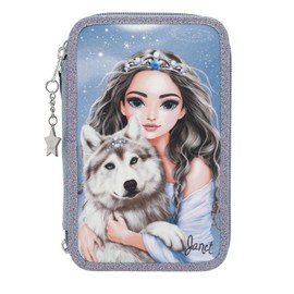 Depesche 13149 TOPModel Wolf-Filled 3-Compartment Pencil Case in Dark Blue, with Model Motif, Stars and Glitter, Pencil Case with Colouring Pencils, Ruler, Scissors and Much More, Blue