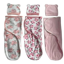 Atomic Angel Newborn Baby Swaddle Blanket Set, 100% Cotton, Pack of 3 with Matching Hat, 0-3 Months, Assorted Prints. Unisex. Pink Floral