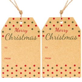 G2PLUS Merry Christmas Tags for Presents, 50PCS Brown Christmas Labels Tags with String, Christmas Wrapping Tags, Xmas Present Labels with Dots for Christmas Presents Wrapping Decoration