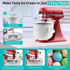 GuanQiao Ice Cream Maker Attachment for KitchenAid Stand Mixer, Ice Cream Bowl Compatible with 4.5Qt and Larger Stand Mixers, Ice Cream & Sorbet Gelato Maker Attachment, 2 Quart, White
