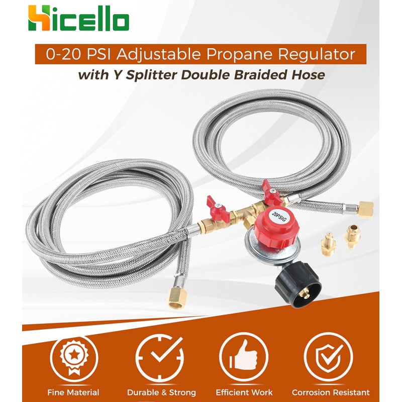 0-20 PSI Adjustable Propane Regulator with Hose, 8FT Y Splitter