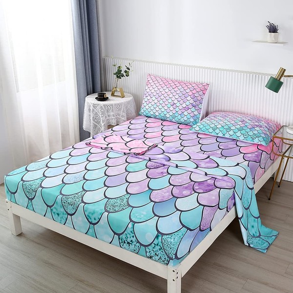 WINLIFE Mermaid Scales Bed Sheets Set for Girls, Pink Aqua
