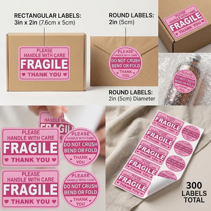 Baiinjiene 300 Pcs Fragile Stickers for Shipping, Pink Handle with