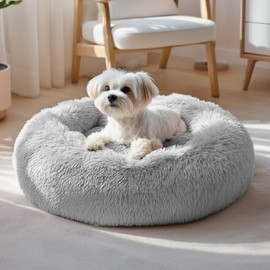Deconovo Calming Donut Dog Bed, Washable Plush Round Pet Bed for Small Dogs & Cats with Raised Rim, Non-Slip Base and Soft Faux Fur—Lightweight, Easy-Care Design Light Grey 25" L x 25" W x 8" Th