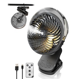 Portable Rechargeable Clip on Fan with Mist Function & LED Light, 12000mAh Battery Operated Desk Fan, 45Hrs Ultra-Quiet Cooling, Auto Oscillation, Hangable for Outdoor, Golf Cart, Tent, Black