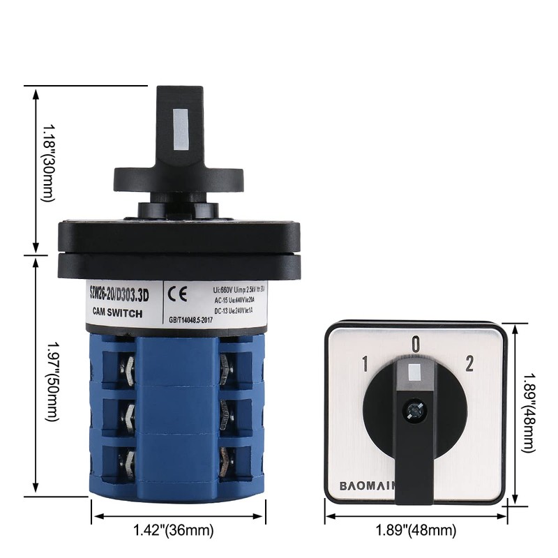 Baomain 660V 20A On-Off-On 3 Positions 12 Terminals Changeover Control