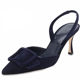 Divanne - Zapatos de tacón alto para mujer, zapatos de tacón alto con hebilla y punta puntiaguda, zapatos de oficina para mujer, para fiesta, boda, Azul marino-gamuza, 26 cm