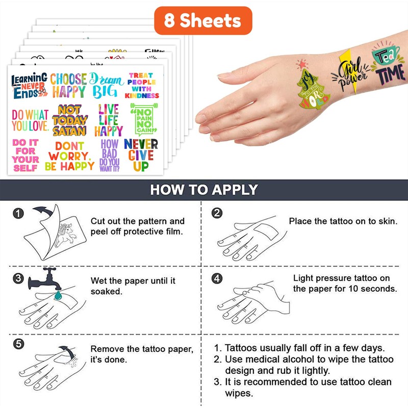 96 PCS Motivational Inspirational Quote Temporary Tattoos Stickers Birthday Party