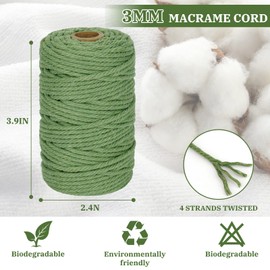Macrame Cord 3mm x 164 Yards, 3 Rolls Green Colored Macrame Cotton Cord Rope Kit Macrame Yarns Bulk String 4 Strands Twisted for Wall Hanger Plant Hanging DIY Crafts Knitting Macrame Supplies
