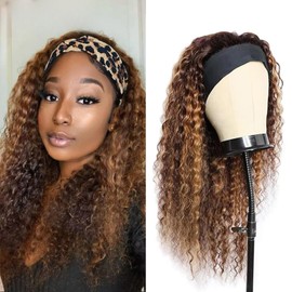 Blonde Highlight Headband Wig 4/27 Highglight Wig Headband Wig Human Hair Deep Wave Ombre Headband Wigs for Black Women None Lace Front Machine Made Human Hair Wig 150% Density 16inch