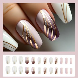 Medium Coffin Press on Nails Ballet Fake Nails Acrylic Glossy False Nails with Gold Line Purple White French Tips Designs Summer Artificial Full Cover Nails Glue on Nails for Women and Girls 24 Pcs