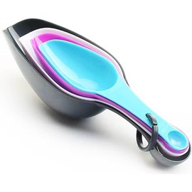 Measuring Spoons Set, Dual sided, Fits in Most Kitchen Spice Jars for Baking & Cooking, Black, Purple, Blue, White, Set of 4 with Storage hook.