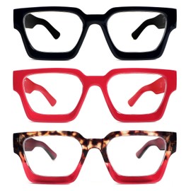 REAVEE 3 Pack Thick Frame Reading Glasses for Women Men, Oversized Fashion Square Blue Light Blocking Computer Readers Spring Hinges, Black/Red/Red Leopard +2.5