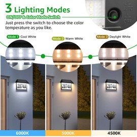 ASOMST Solar Address Sign, Lighted House Numbers Waterproof, 3-Color Lighting Modes LED Illuminated Address Plaque, Wall Mount Address Number for Home