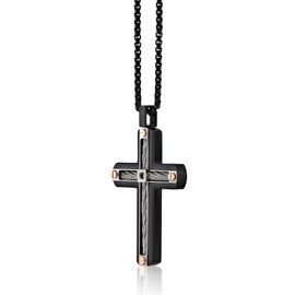 Metro Jewelry Stainless Steel Cable Cross Pendant Necklace for Men with Black and Rose Ion Plating on 24 Inches Long Box Chain