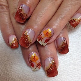 Fall Press on Nails Short Square Fake Nails with Maple Leaf Designs Stick on Nails Full Cover Thanksgiving Acrylic Nails Autumn Maple Leaves Nails Press ons Brown False Nails for Women Girls 24Pcs