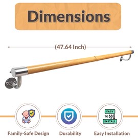 Handrail for Indoor Stairs 47.64 Inch- Durable Powder-Coated Steel handrail in Woodgrain Look - Heavy Duty Wall Mount for Sturdy Support - Available in 25 or 47 Inches