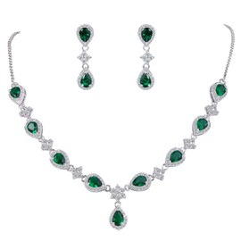 Clearine Women's Jewellery Set Wedding Bridal Cubic Zirconia Teardrop Flower Bridal V Necklace Earrings Set, Brass Crystal Brass, Cubic Zirconia