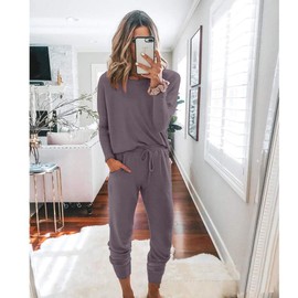 PRETTYGARDEN Women’s Solid Two Piece Outfit Long Sleeve Crewneck Pullover Tops And Long Pants Sweatsuits Tracksuits (Grey, 2X-Large)