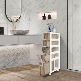 Narrow Slim Bathroom Floor Cabinet with Wheels Waterproof Storage Organizer for Small Spaces, Toilet Paper Holder & Bathroom Essentials Compact Design for Kitchen, Bedroom (16.7" x 6.7", 5-Tier)