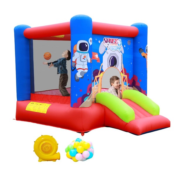 WELLFUNTIME Inflatable Bounce House Jumping Castle Slide with Blower, Kids Bouncer with Basketball Rim