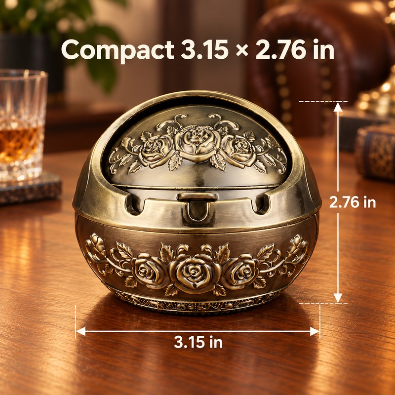 Retro Metal Ashtray with Lid – Decorative Covered Ashtray for