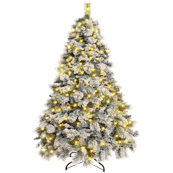 BSHAPPLUS 7.5FT Pre-Lit Snow Flocked Christmas Tree with 1450 PVC