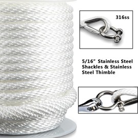 Boatman Boat Anchor Rope 3/8" x 100 FT Double Braided MFP Marine Anchor Line with Stainless Steel Thimble & Shackle,Boat Accessories - White