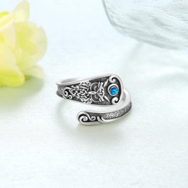 Fuguangju Owl Spoon Ring 925 Sterling Sliver Opal Owl Thumb Ring Adjustable Open Ring Owl Jewelry Gifts for Women, Sterling Silver, Opal