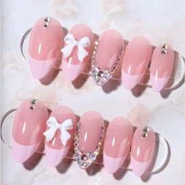 24 Pcs Spring Press on Nails Short Almond,YIHONGYAN 3D Cute Bow Rhinestones Design Fake Nails Press ons Pink French Nail Acrylic Kit Glue on Nails Full Cover False Nails Glossy Stick on Nails Woman