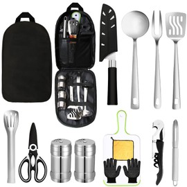 AOFUXTI 15PCS Essential Camping Utensils Cooking Set, Traveling Picnic Cookware Gear Accessories, Fun Tent Camper Kitchen Cutting Board and Knife, Must Have Cool Tool Supplies for Outdoor Camping