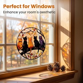 DMFR 7.8 Inch Stained Glass Window Hanging Suncatcher, Five Cats on a Branch Suncatcher Window Decoration for Home, Bedroom, Garden, Housewarming Present, Cat Lover Gift