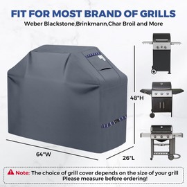 Kiafmol Grill Cover for Outdoor Grill 600D Heavy Duty 64Inch Waterproof,UV & Fade Resistant,BBQ Cover with Adjustable Straps,BBQ Grill Cover for Weber,Blackstone,Charbroil etc,Grey