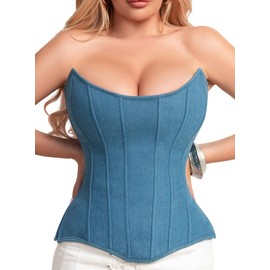 WS Waist Secrets Perfect Corset NYC OVERBUST Satin Corset Top Lace up with 15 Steel Boned (Denim, S)