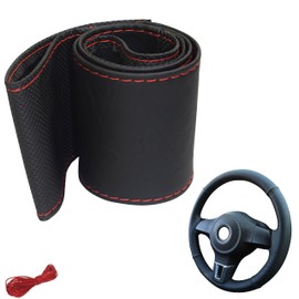 Steering Wheel Cover 4-Piece Car Steering Wheel Cover for Lacing Sewing Sport Polka Dot M5N Black Red Stitching Universal Size 37-39 cm