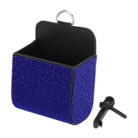 HOPESPANNER Universal 3.5" Length 2.4" Width 4.7" Height Car Trash Can Hanging Trash Bin Faux Leather Rhinestones 1 Pc Black Blue