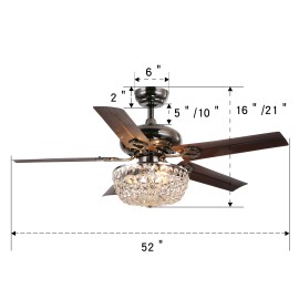 48inch Crystal Ceiling Fan with Remote Control 3 Speed Noise-Free Vintage Reversible Chandelier Fan with Crystal LampshadeLamp Power(W): 18, Emitting Color: 3CCT, Color: Black, Wattage: 60W