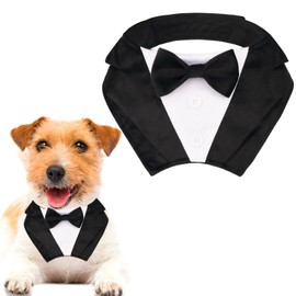 PTDECOR Formal Dog Tuxedo Collar with Bow, Black Dog Bandana Wedding Tux, Adjustable Birthday Costume for X-Small Pets (X-Small)