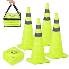 BATTIFE [4 Pack] 28 Inch Collapsible Traffic Cones, Lime Green Safety Cones, Pop-up Cones with Reflective Collar, for Driving Practice,Road Parking (Green)