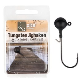Zite Fishing Tungsten Jig Hook Set, Lead-Free Jig Heads with Fishing Hooks, 1/0-5/0 Matte Black, Ultra Sharp Jigheads Hooks, Bass & Zander Fishing, Rubber Bait Hooks with Fishing Weight (1/0 7.2 g)