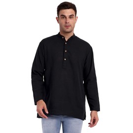 SKAVIJ Men's Tunic Cotton Button Down Kurta Summer Casual Shirt, black