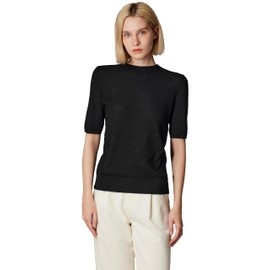 JENNIE LIU Women's 75% Merino Wool 25% Silk Funnel Neck Short Sleeve Sweater | Ultra Soft Lightweight Knit Top | Machine Washable Novelty Stitch Pullover for Women (Black, Medium)