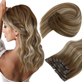 Sunny Hair Clip in Hair Extensions Human Hair Invisible Clip in Hair Extensions Real Human Hair Straight Hair Extensions for Women 20inch Medium Brown to Platinum Blonde Balayage