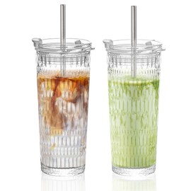 Icesip 18 oz Rhombus Glass Tumbler with Straw and Lid, 2 Pack Glassware Set Thickened Glass For Matcha Iced Coffee Juice Cocktails Drinking Glasses Tumbler