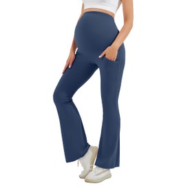 HEGALY Women's Maternity Flare Leggings Over The Belly - Casual Pregnancy Yoga Pants with Pockets Buttery Soft Navy Blue