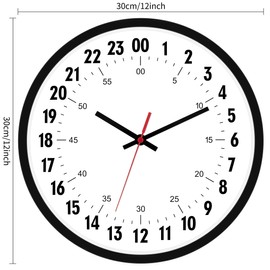 Foxtop 24 Hour Wall Clock Battery Operated Round Analog Wall Clock Military Time Clock for Classroom School Office Bathroom Living Room Bedroom Home (12 Inch, Black)