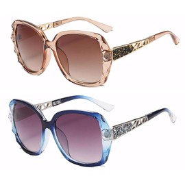 2 Pack HD Anti Glare Sunglasses with Polarized Lens for Man and Women UV Protection Trendy Oversized Sun Glasses (Champagne&Blue)