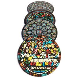 Chartres Cathedral Windows Glass Drink Bar Coasters Set of 4 with Storage Stand